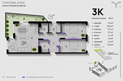 3-кімнатна 85 м² в ЖК Паркова алея від 30 500 грн/м², Івано-Франківськ